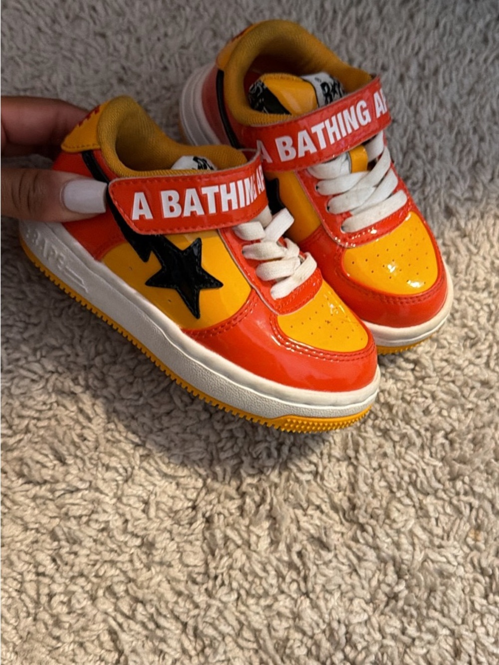 Bape Kids Orange & Yellow Star Strap Sneakers